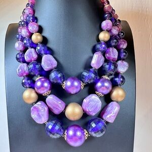 Vintage Germany triple strand gold tone multiple shades of purple bead necklace